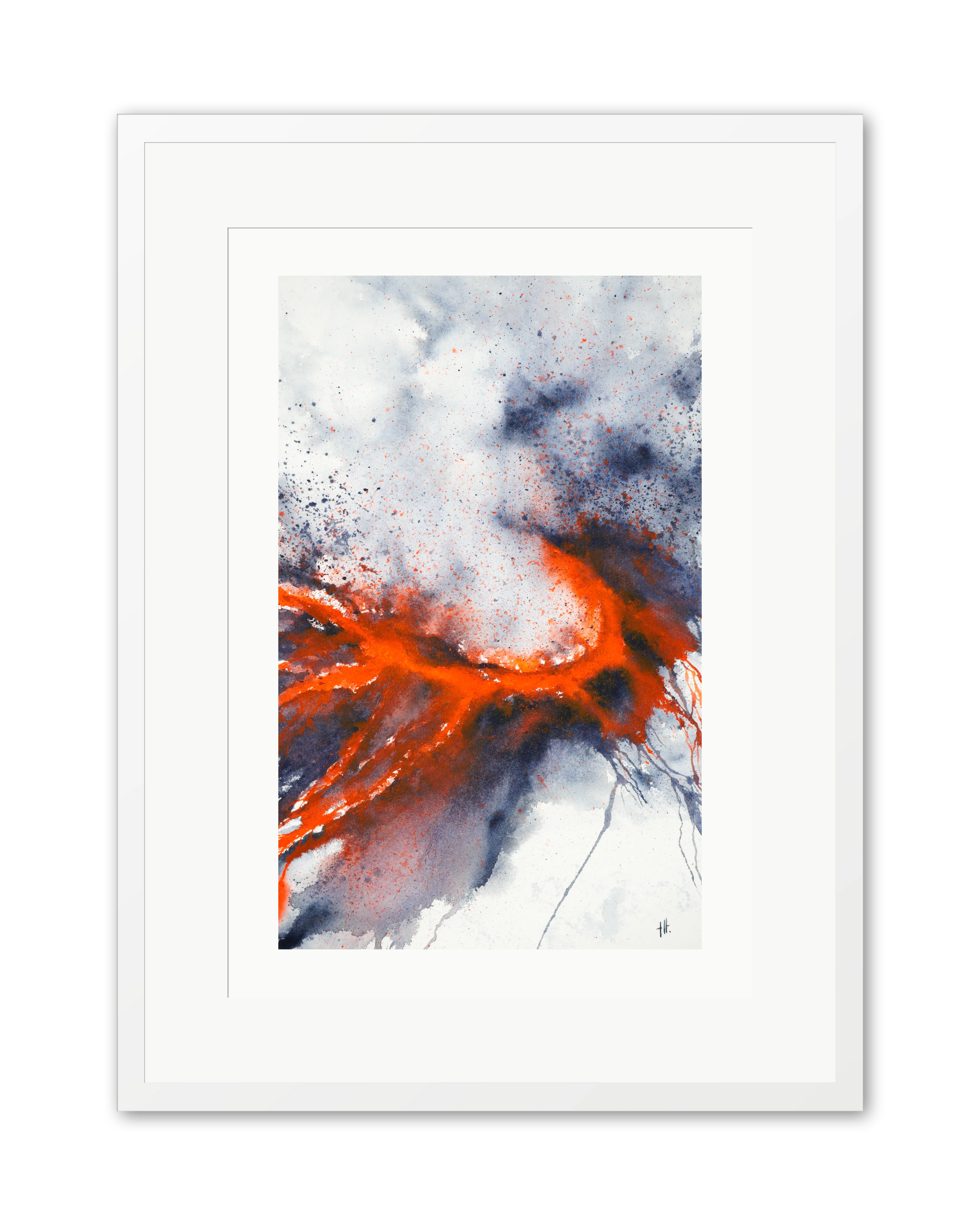 At 1000 Degrees - watercolour semi-abstract landscape by Haidi Hildemore. A2 limited edition print on Hahnemühle German Etching, window mounted in a white frame.