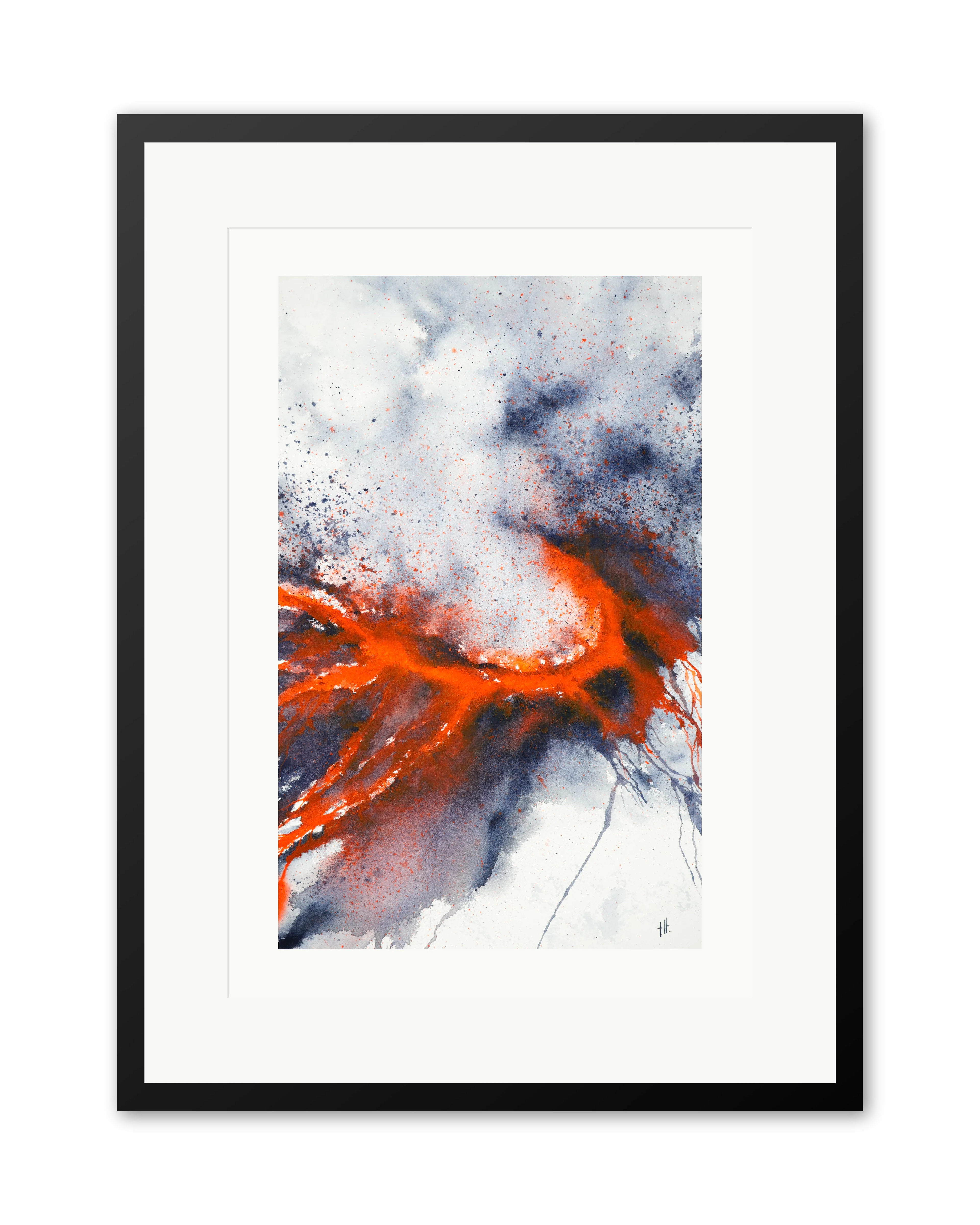 At 1000 Degrees - watercolour semi-abstract landscape by Haidi Hildemore. A2 limited edition print on Hahnemühle German Etching, window mounted in a black frame.