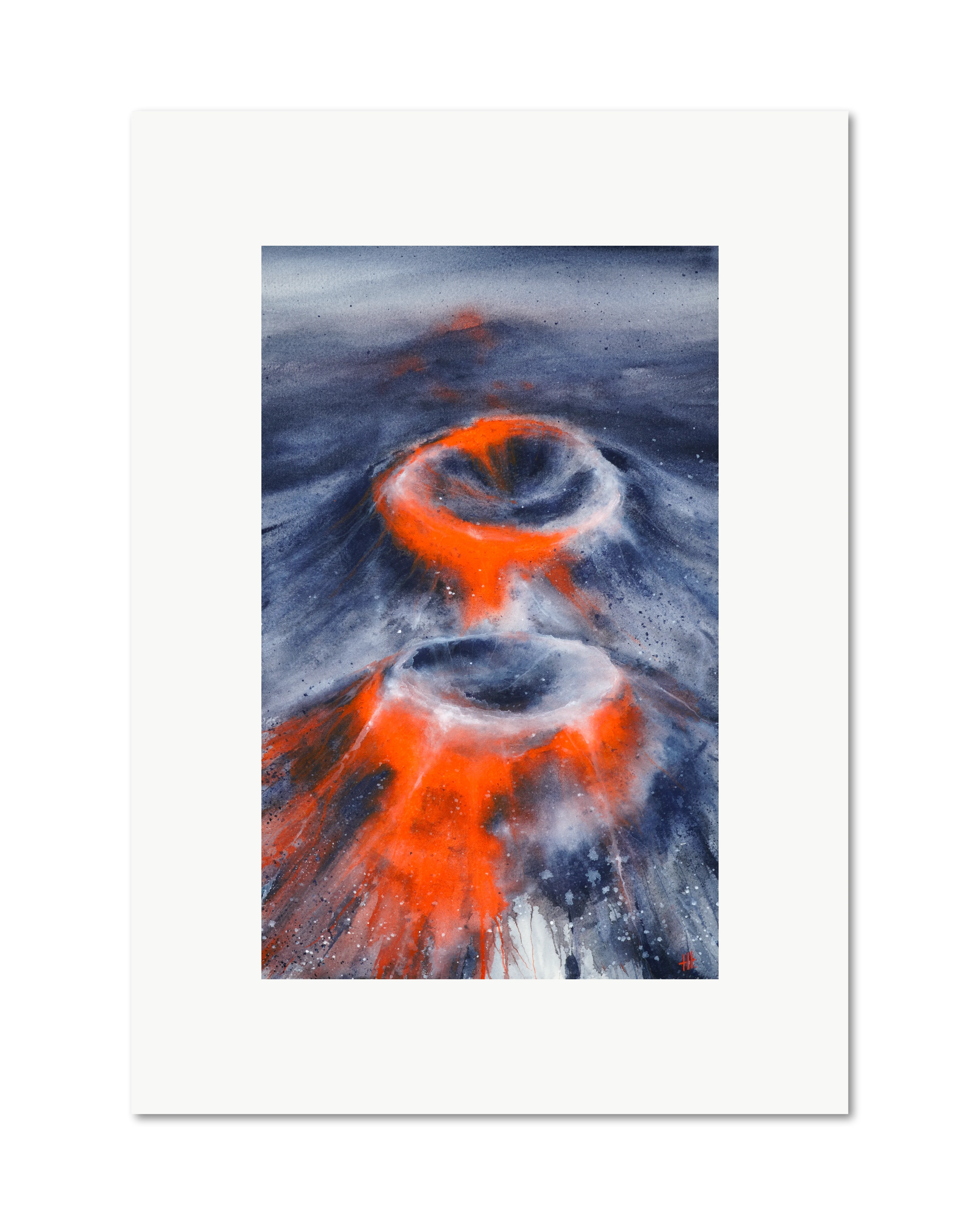 Rings of Fire - watercolour semi-abstract landscape by Haidi Hildemore. A2 limited edition print on Hahnemühle German Etching, unframed with a white border.