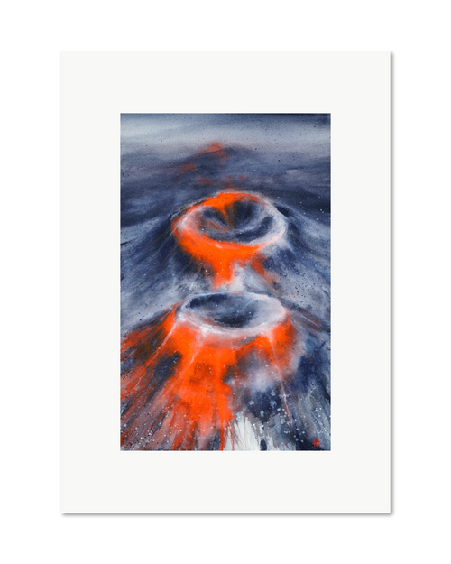 Rings of Fire - watercolour semi-abstract landscape by Haidi Hildemore. A2 limited edition print on Hahnemühle German Etching, unframed with a white border.