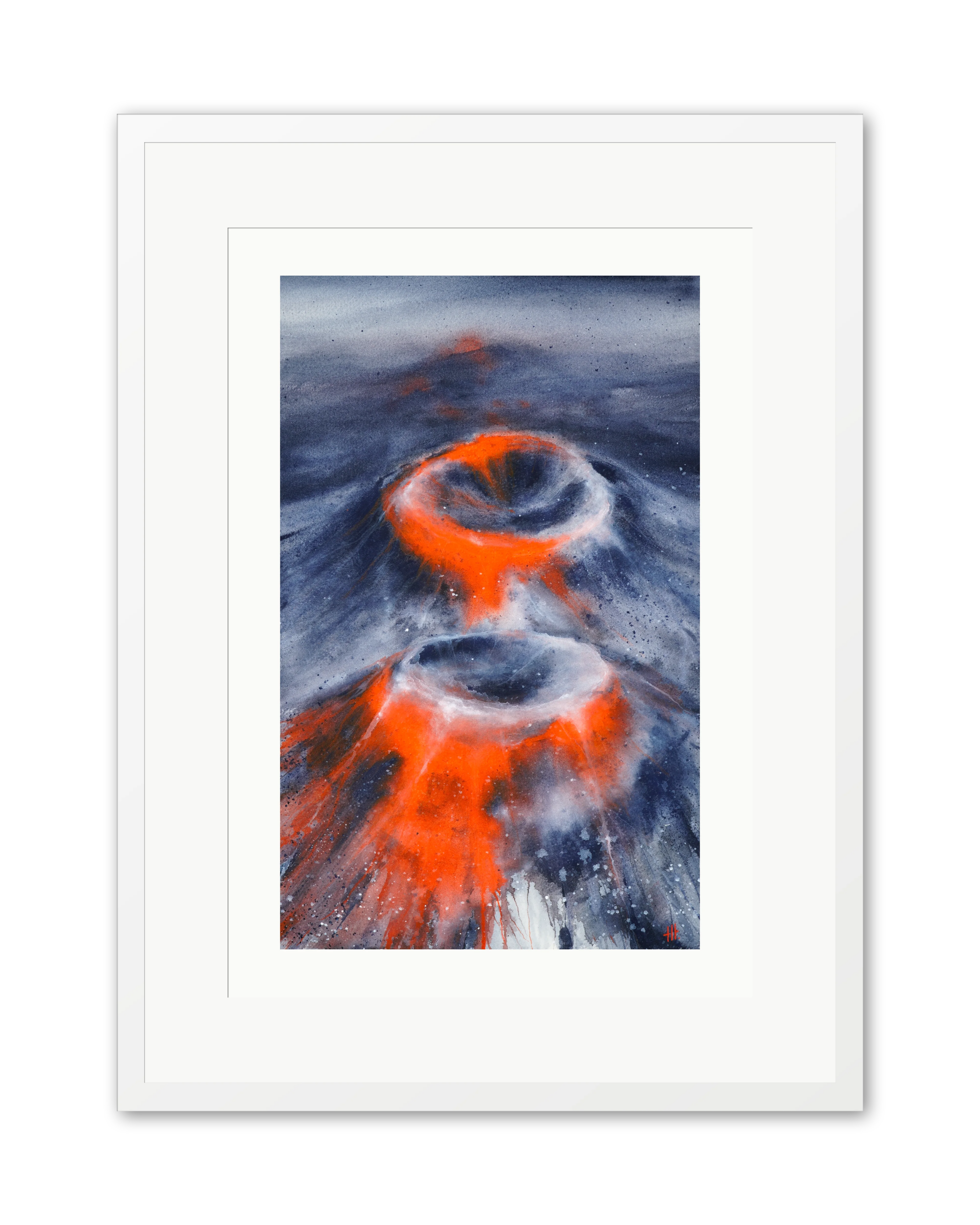 Rings of Fire - watercolour semi-abstract landscape by Haidi Hildemore. A2 limited edition print on Hahnemühle German Etching, window mounted in a white frame.