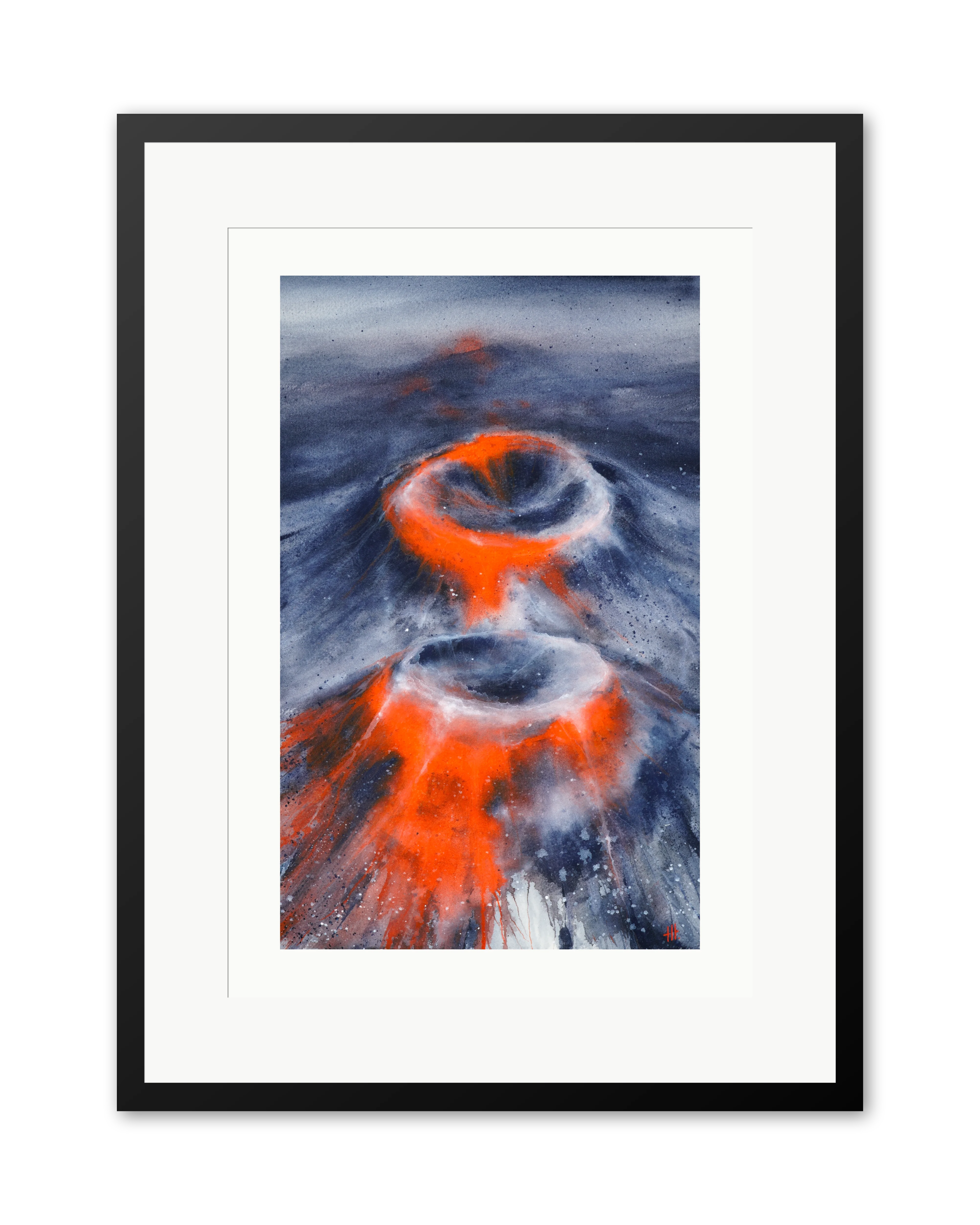 Rings of Fire - watercolour semi-abstract landscape by Haidi Hildemore. A2 limited edition print on Hahnemühle German Etching, window mounted in a black frame.